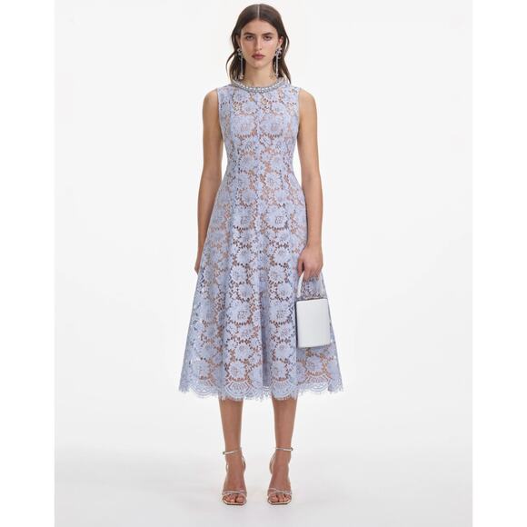Self-Portrait Blue Fine Lace Pearl Midi Dress - Picture 1 of 14